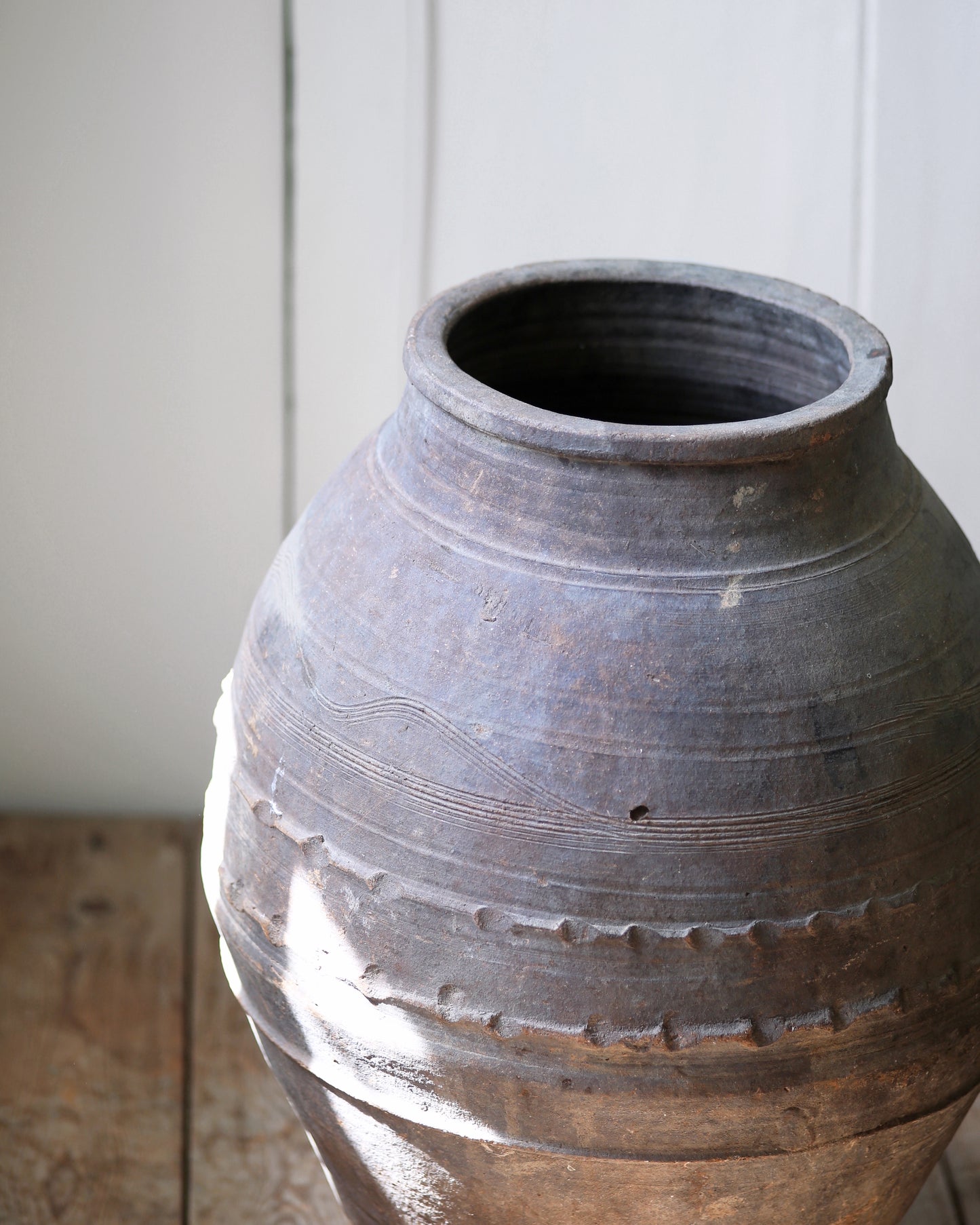 Vintage Turkish olive pot with original artisan decorative details on ribbed pot