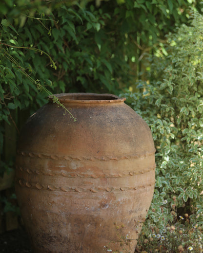 Garden pot amongst flower bed for year around structure and interest