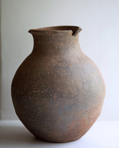 Close up naturally aged patina of old clay vase pot