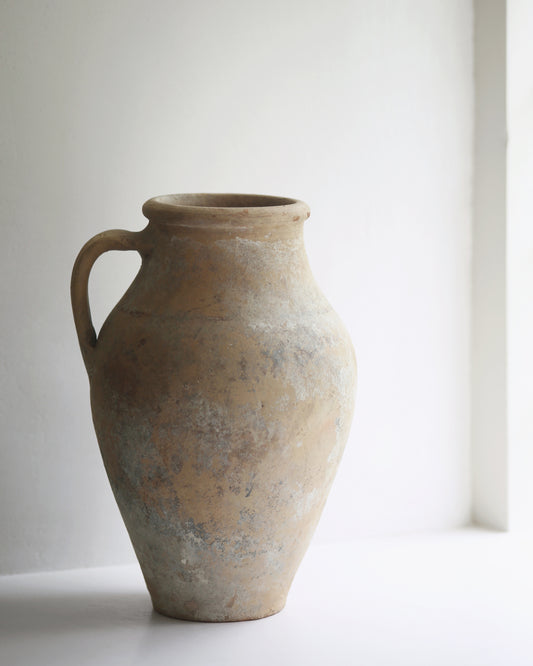 Large antique pitcher pot in pale terracotta with unique aged whitewash patina 