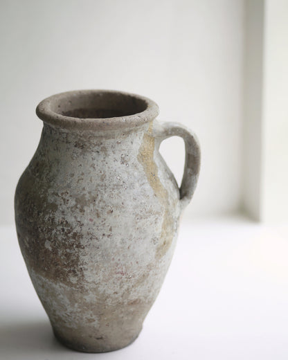 Small muted pale whitewash pitcher jug authentically aged antique pottery