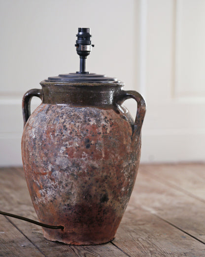 Natural aged patina of clay Turkish olive pot table lamp