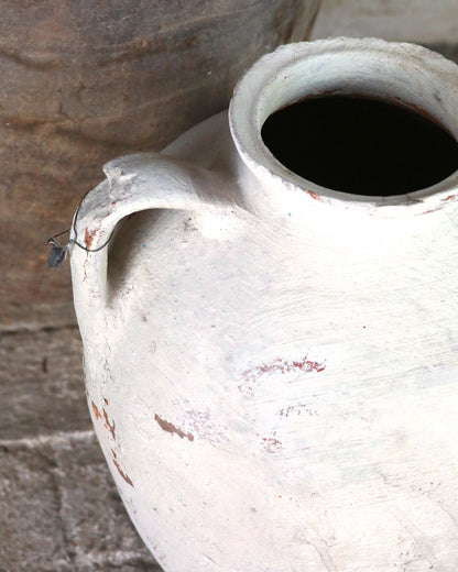 Chalk white painted antique olive pot with rustic handles