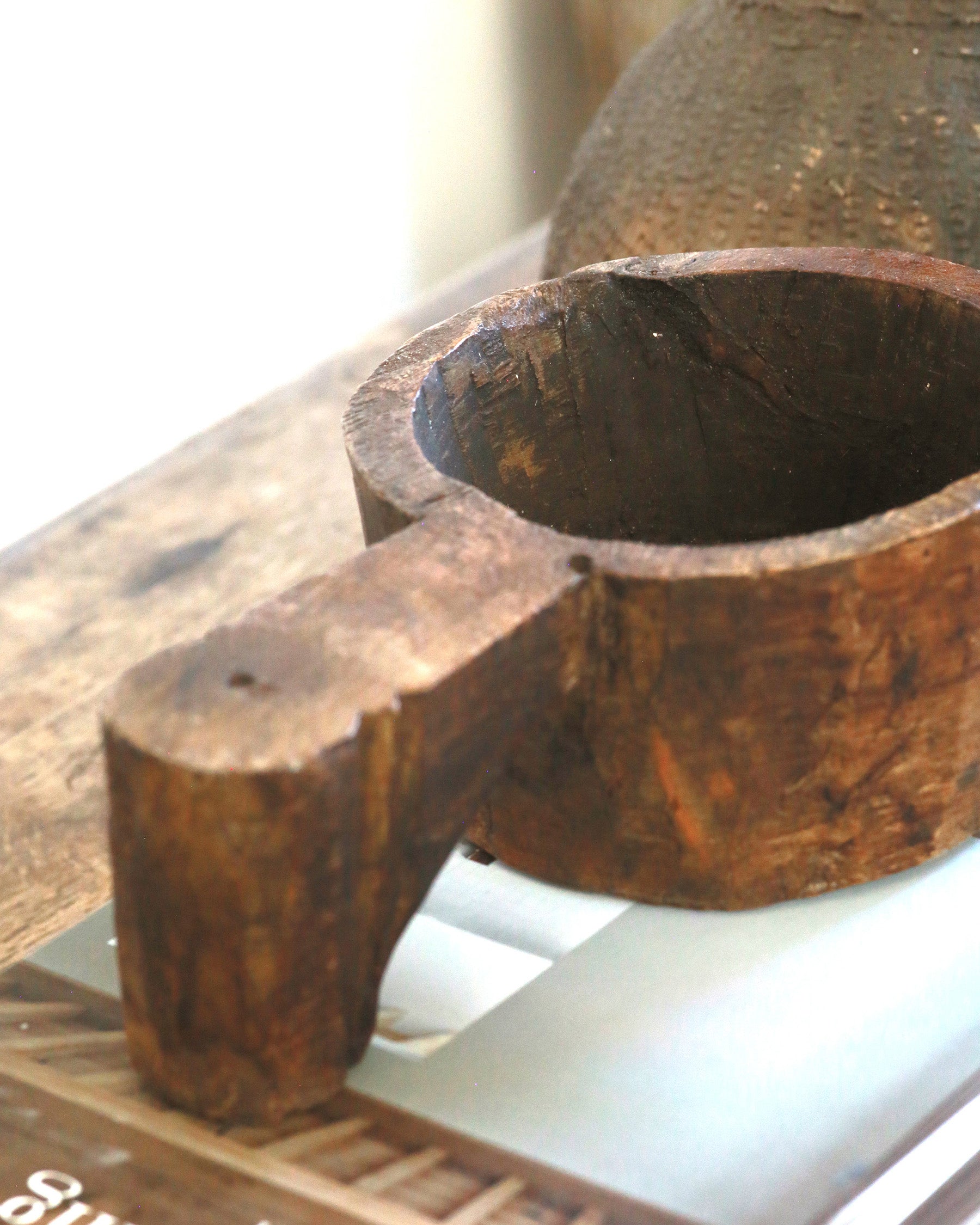 Handcarved wooden mortar bowl with handle