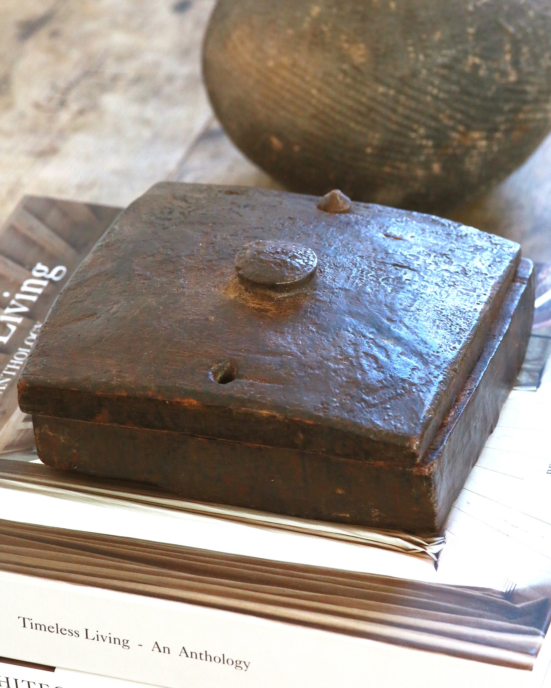 Close up of handmade wooden spice box