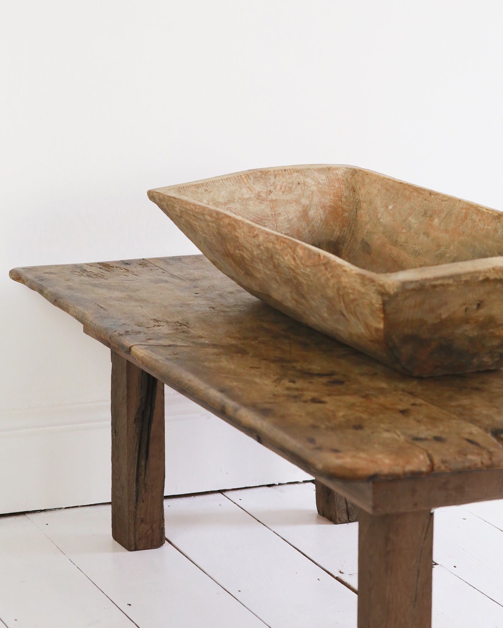 Large original rustic dough bowl on coffee table